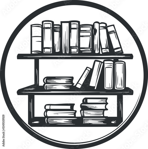Black and white illustration of a round bookshelf filled with stacked and standing books on three shelves