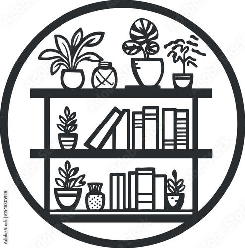 Black and white illustration of a round bookshelf filled with potted plants and books for home decoration and organization