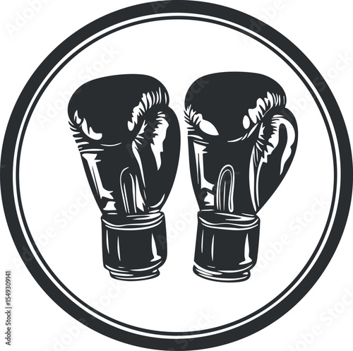 Black and white illustration of a pair of boxing gloves inside a circular frame representing boxing sport and training equipment.