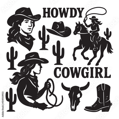 Western vector graphic set featuring cowgirls, horses, cacti, skulls, hats, boots, and "Howdy" & "Cowgirl" typography. 
Perfect for stickers, t-shirt designs vector silhouette