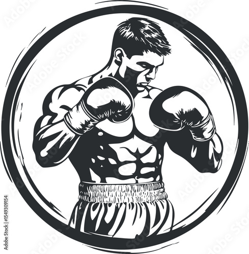 Black and white illustration of a muscular male boxer in fighting stance wearing gloves and boxing shorts inside a circular frame