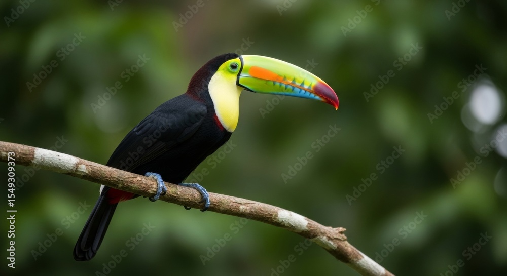 Naklejka premium Chestnut-Mandibled Toucan Perched on Branch in Lush Rainforest Setting