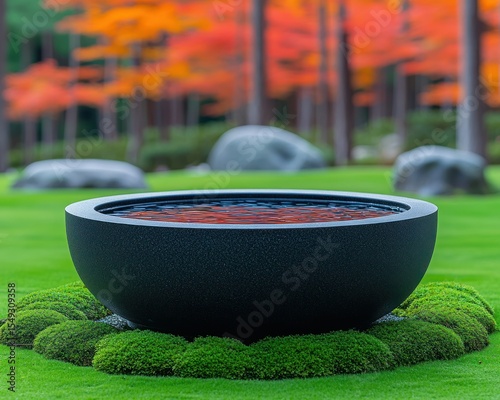 Dark bowl-shaped water feature, nestled in mossy garden, autumnal background
