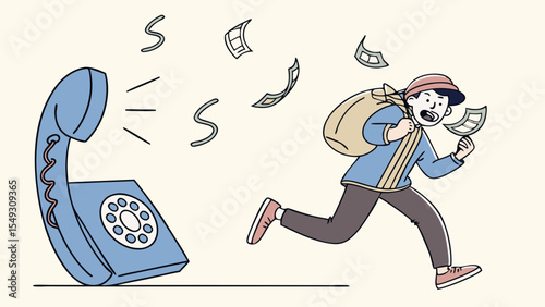Thief runs away with money bag, escaping from vintage telephone