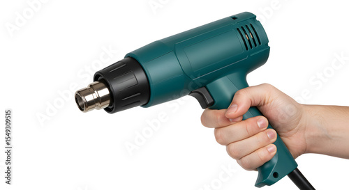 Holding Teal Heat Gun Tool in Hand for DIY Projects