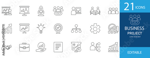 Line icon set featuring project workflow, strategy, teamwork, idea, automation, planning, growth, startup, and business success. Clean, editable, professional design