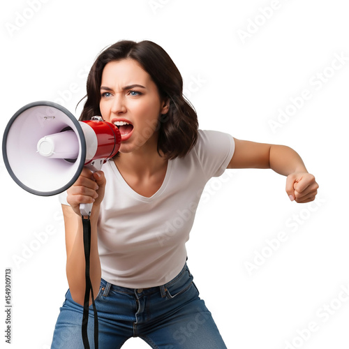 Woman shouting with megaphone isolated on transparent background