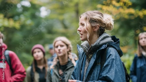 A Forest Guide Leading a Group: A captivating scene unfolds as a woman, radiates knowledge and enthusiasm, guides a group through a vibrant forest, promoting an adventurous experience