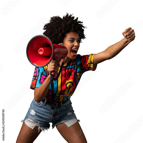Woman shouting with megaphone isolated on transparent background