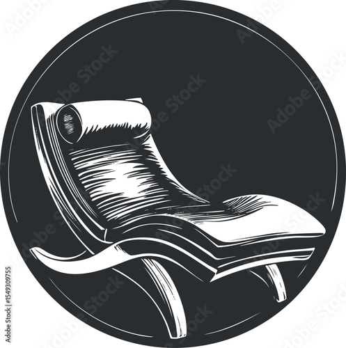 Black and white illustration of a modern chaise lounge chair with curved design and cushion