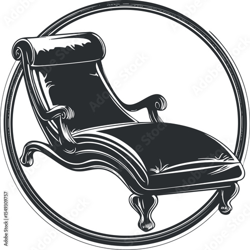 Black and white vintage style illustration of a classic chaise lounge chair with elegant curved design