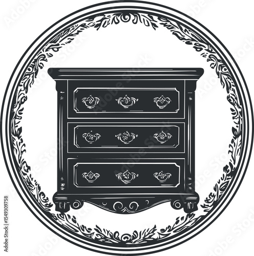 Black and white vintage wooden cabinet with three drawers in an ornate circular decorative frame