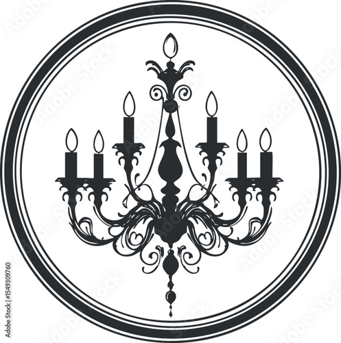 Black silhouette of an ornate vintage chandelier with candles inside a circular frame