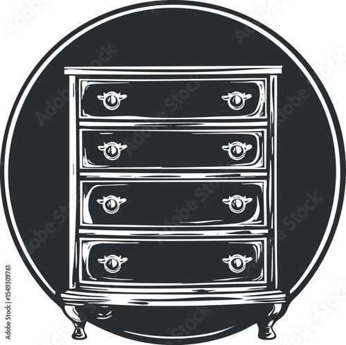 Black and white vintage style illustration of a four drawer wooden dresser with ornate handles