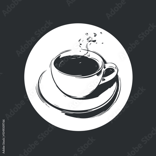 Black and white stylized illustration of a steaming cup of hot coffee on a saucer