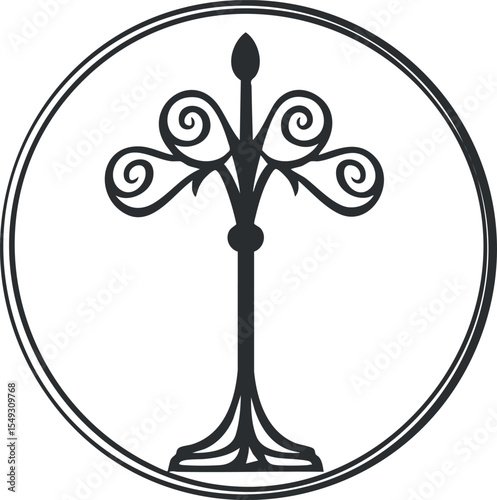 Black ornate decorative wrought iron gate or fence element with scrollwork in circular frame isolated on white background