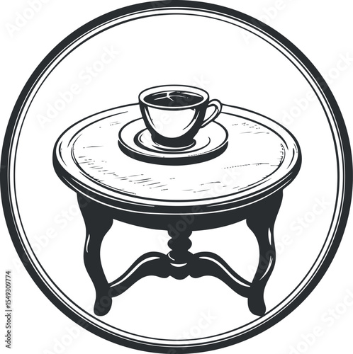 Black and white illustration of a round wooden table with a coffee cup and saucer on top inside a circular frame.