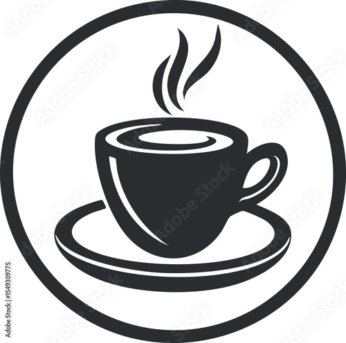 Black and white icon of a hot coffee cup with steam rising on a saucer inside a circle
