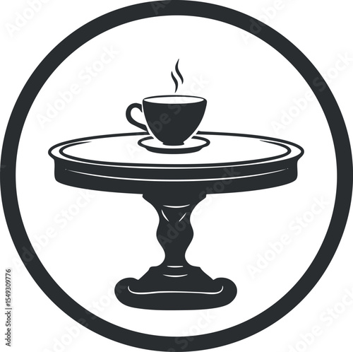 Black and white icon of a steaming cup on a round pedestal table inside a circular frame