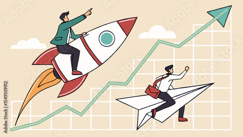 Businessmen, one riding rocket and other on paper plane, symbolize growth and ambition