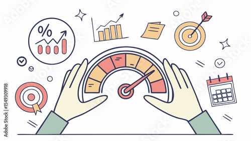 Hands gently hold multicolored speedometer gauge, symbolizing performance metrics