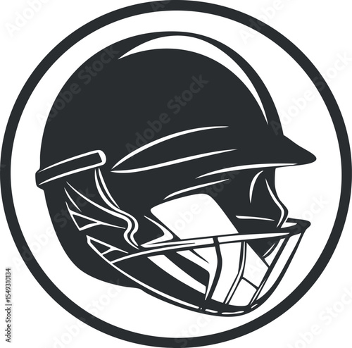 Black and white vector illustration of a cricket helmet with faceguard inside a circular frame