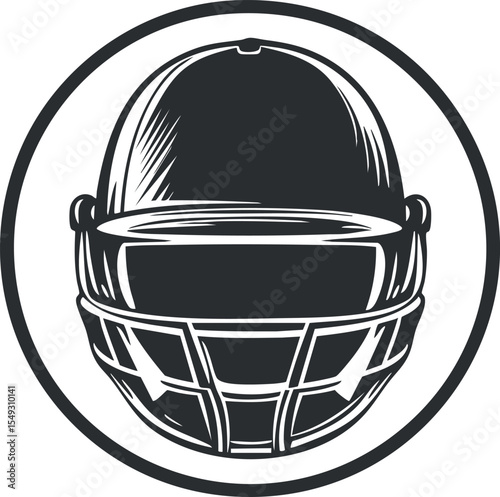 Black and white illustration of an American football helmet with faceguard inside a circle icon