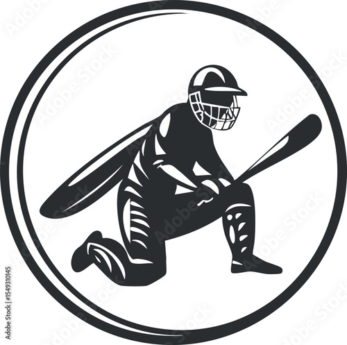 Black and white silhouette of a cricket batsman in protective gear kneeling and holding a bat inside a circular frame.