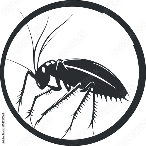 Black silhouette vector illustration of a cockroach insect with detailed legs and antennae inside a circle