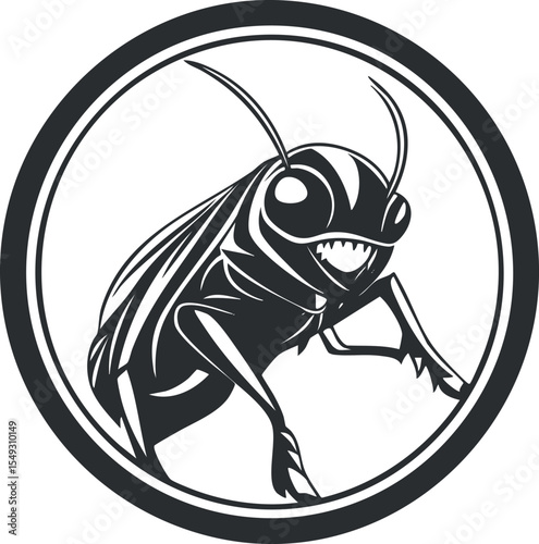 Black and white vector illustration of a stylized cockroach in a circular frame with detailed features.