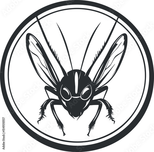 Black and white vector illustration of a wasp insect inside a circular frame showing detailed wings and antennae