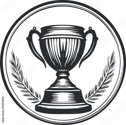 Black and white vintage trophy cup illustration with laurel leaves inside a circular frame symbolizing victory and achievement