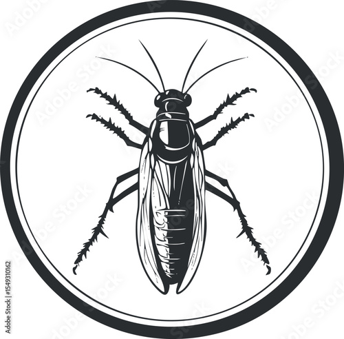 Black and white vector illustration of a cockroach insect inside a circular frame with detailed legs and antennae