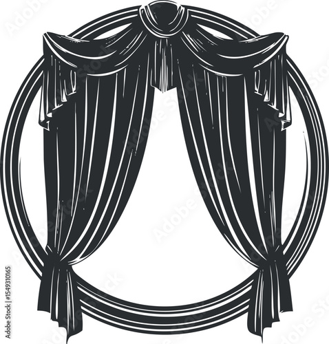 Black and white illustration of classic tied curtains hanging in a round frame with elegant fabric folds