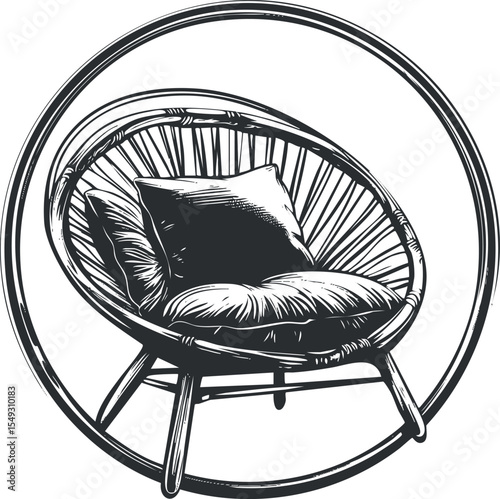 Black and white sketch of a round rattan chair with cushions inside a circular frame