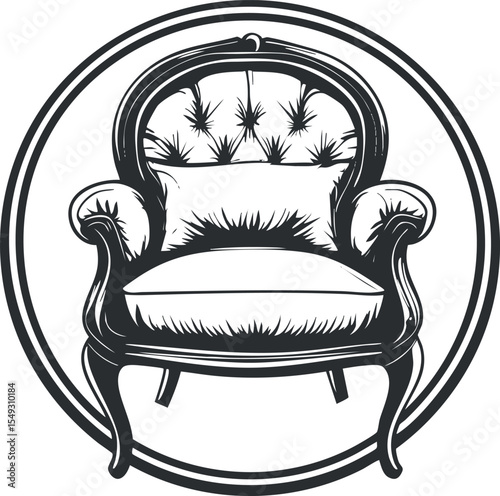 Black and white vintage upholstered armchair illustration with ornate wooden frame and cushion