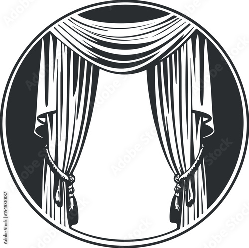 Black and white circular illustration of elegant tied-back curtains with valance and folds