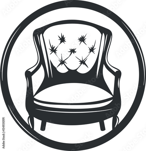 Black and white illustration of an upholstered armchair with cushion inside a circle frame
