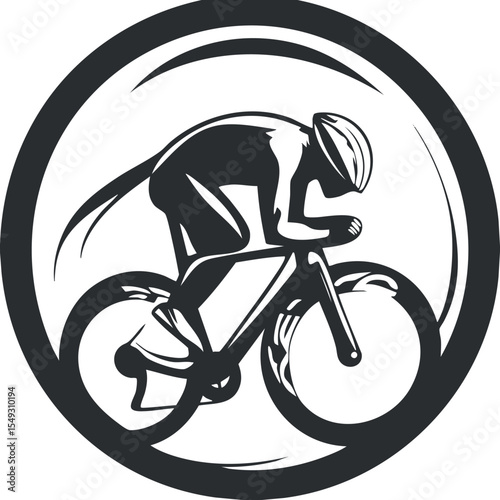 Silhouette of a cyclist riding a bicycle wearing a helmet in a circular frame representing speed and sport