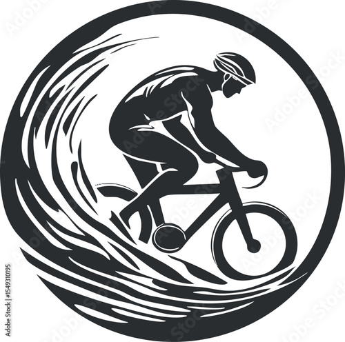 Silhouette of a cyclist riding a bicycle in a dynamic circular design symbolizing speed and movement.