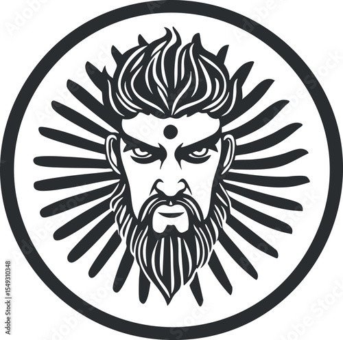 Black and white stylized illustration of a bearded male face with spiked hair and circular decorative background