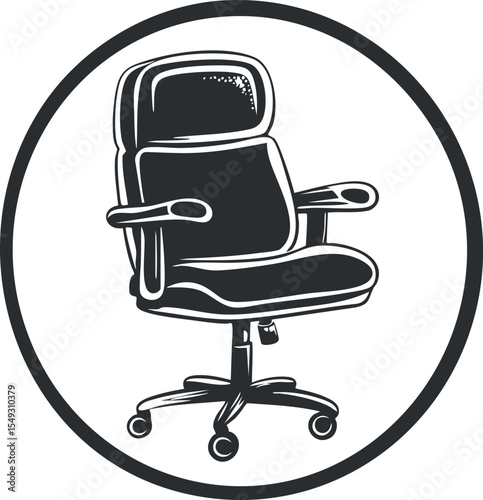 Black and white illustration of a modern office chair with armrests and wheels inside a circular frame