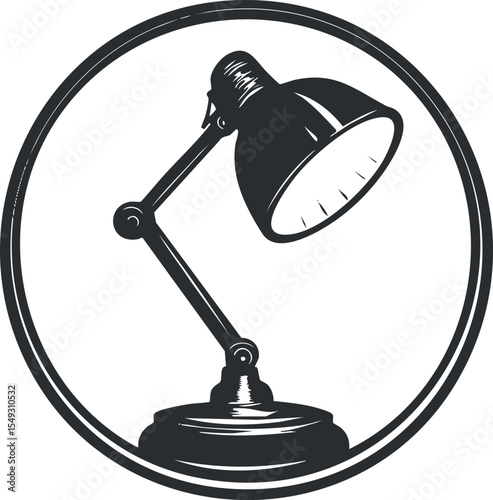Black and white illustration of an adjustable desk lamp inside a circular frame symbolizing workspace lighting