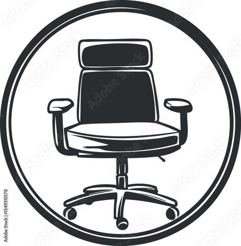 Black and white illustration of a modern ergonomic office chair with armrests and wheels in a circular frame