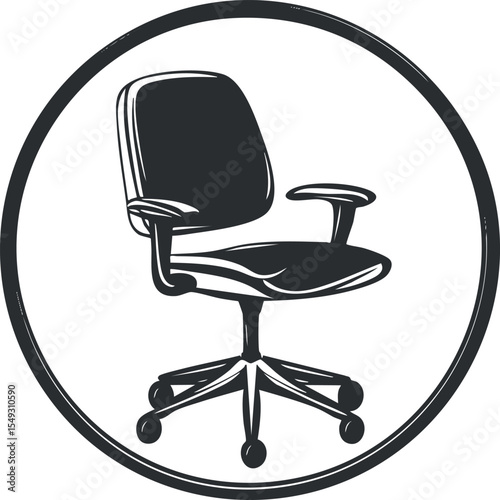 Black swivel office chair with armrests and wheels in a circular frame isolated on white background