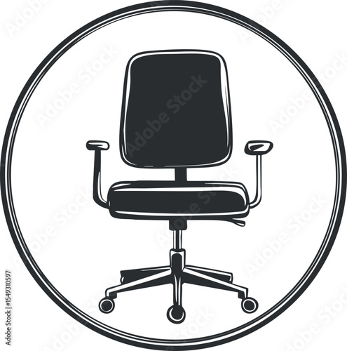 Black office chair with armrests and wheels in a round outlined frame isolated on white background