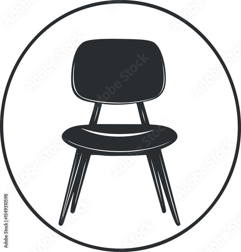 Minimalistic black and white icon of a modern wooden chair with backrest and four legs inside a circle