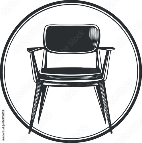 Black and white illustration of a modern wooden armchair with backrest and armrests inside a circular frame
