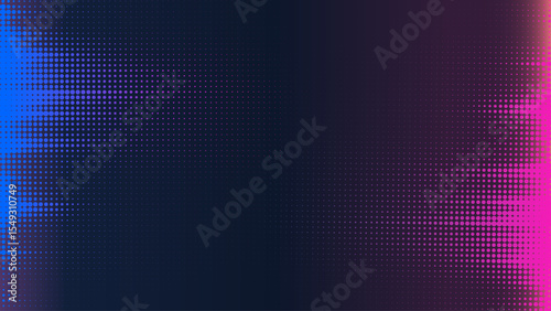 Abstract halftone dots vector with neon pink and blue glow, horizontal gradient, radial pixel spread, retro screen tilt, and smooth transition