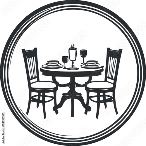 Black and white vector illustration of a round dining table set with two chairs plates glasses and a candle